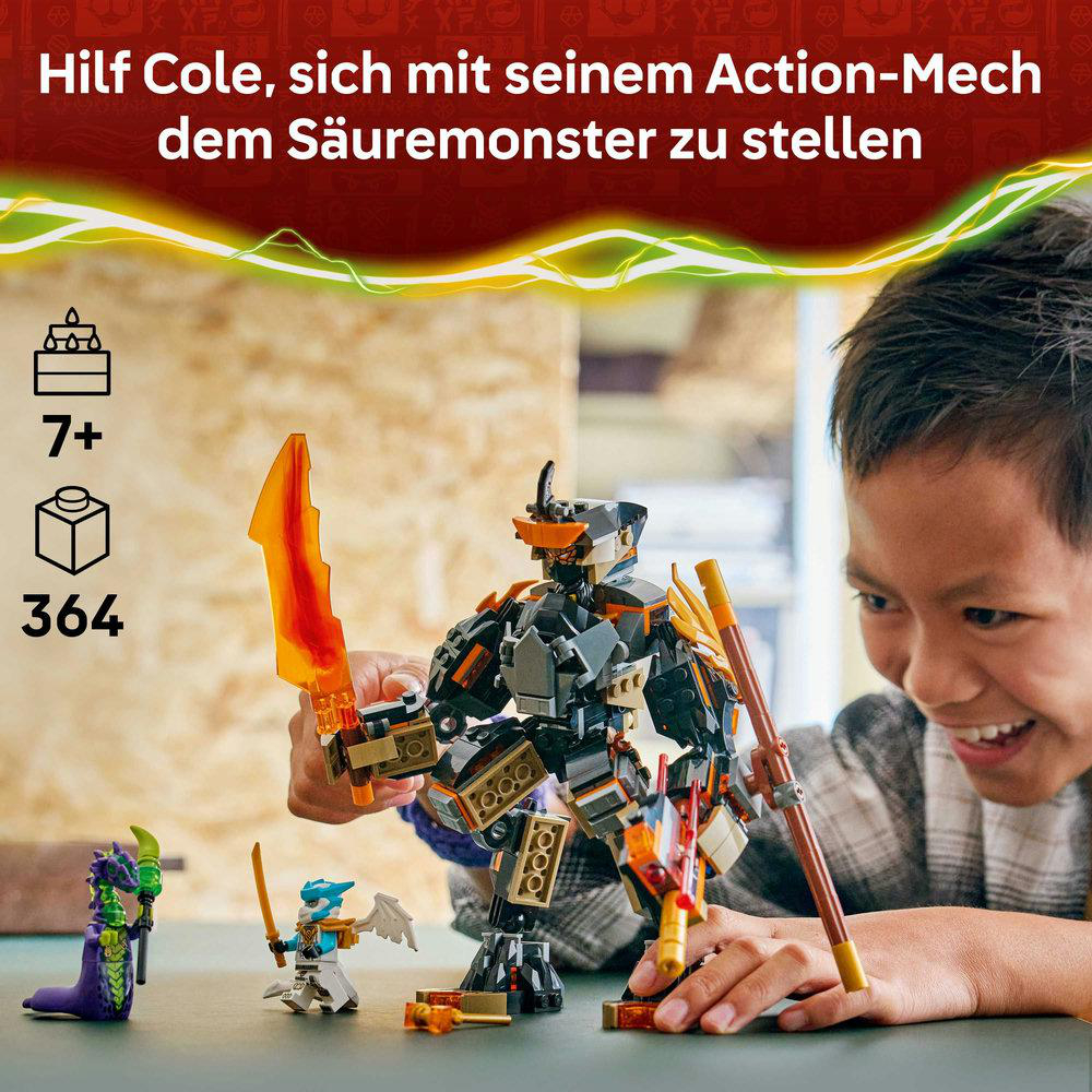 Ein Junge lächelt und hält einen Lego-Roboter mit einem Schwert. Andere Lego-Figuren sind davor. Der Hintergrund ist farbenfroh.