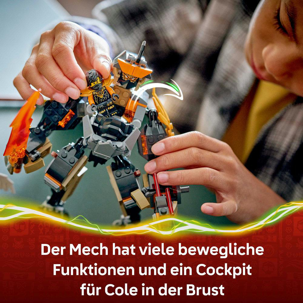 Eine Person hält ein Lego-Mech-Spielzeug. Der Mech ist schwarz, orange und grau. Über dem Mech wird eine kleine Lego-Figur gehalten.
