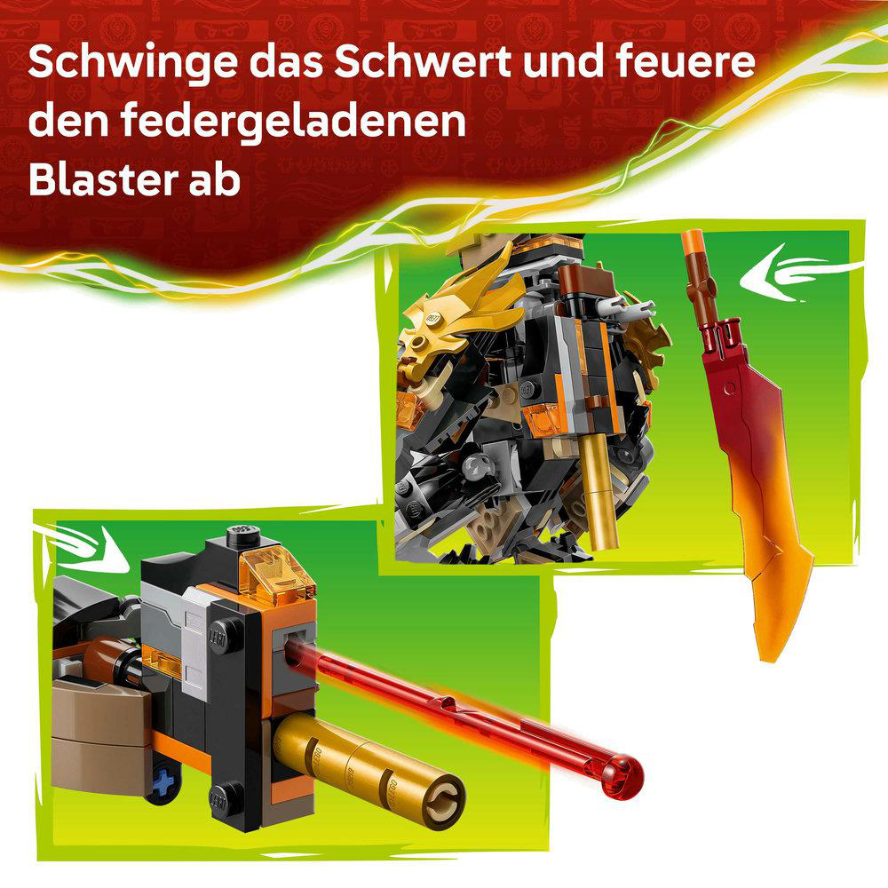 Das Bild zeigt Lego-Figuren und ein Schwert mit roter Klinge, neben deutschem Text. Die Figuren sind vor einem grünen Hintergrund.