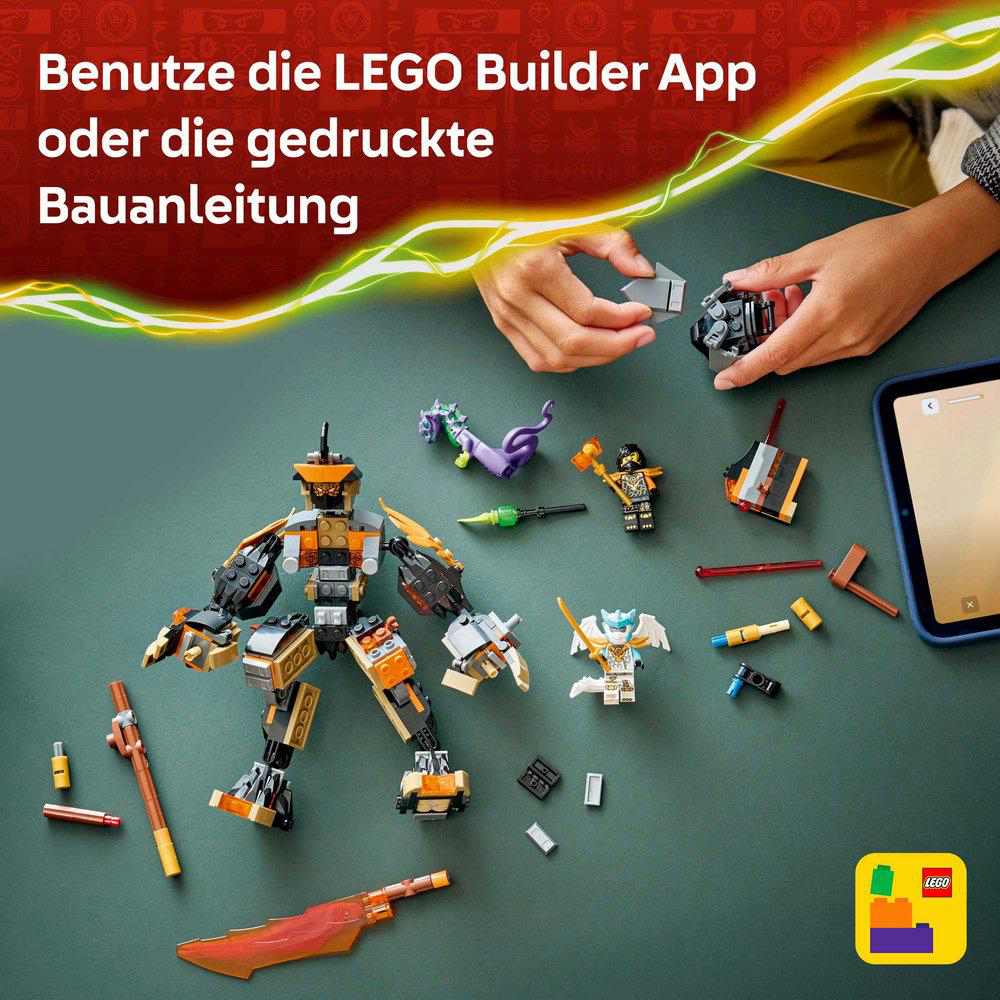 Die Hände eines Kindes bauen ein Lego-Set zusammen. Verschiedene Lego-Figuren und -Teile sind verteilt. Rechts befindet sich ein Tablet.