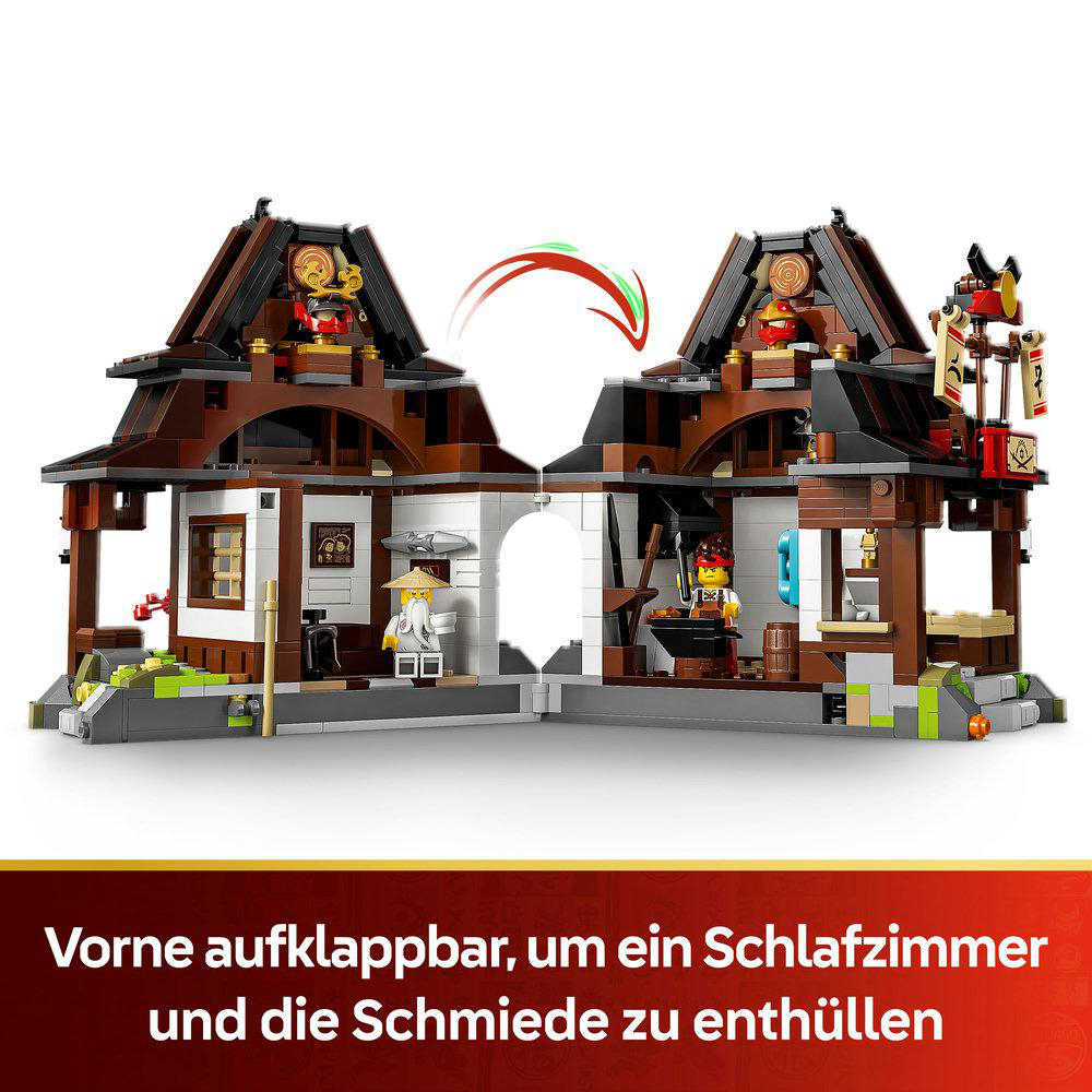Ein Lego-Set, das ein Gebäude im japanischen Stil darstellt. Es hat zwei Teile mit einem Schlafzimmer und einer Schmiede.