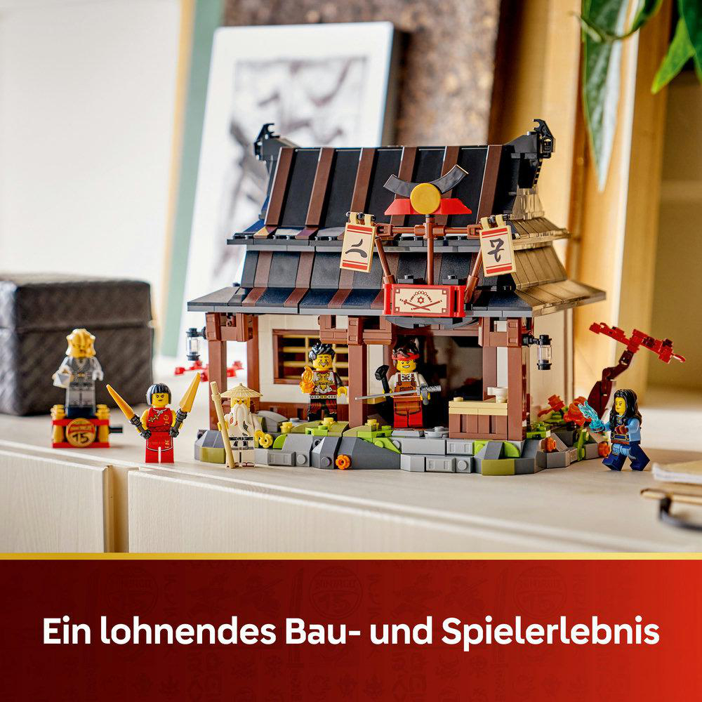 Lego Ninjago-Set mit Figuren. Gebäude im japanischen Stil mit braunem Dach. Figuren stehen um das Gebäude herum.