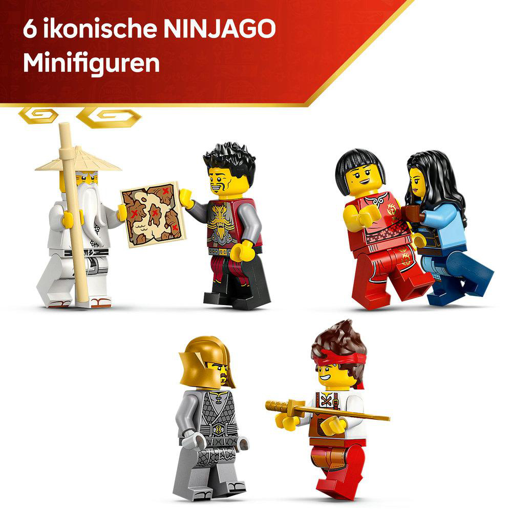 Sechs LEGO Ninjago Minifiguren werden gezeigt. Jede Figur hat einzigartige Kleidung und Accessoires, vor einem weißen Hintergrund.