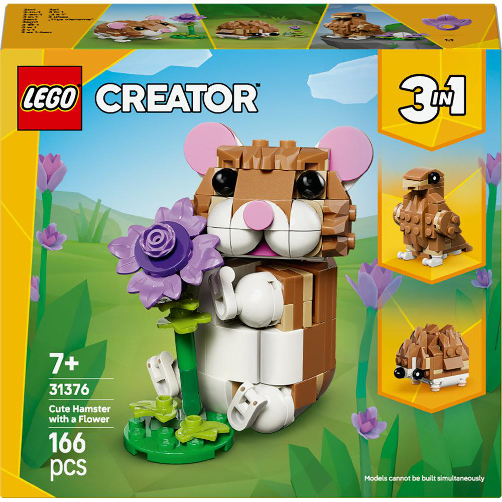 LEGO Creator Set-Box. Brauner und weißer Hamster mit Blume, rosa Ohren und schwarzen Augen. Enthält weitere Tierbauten.