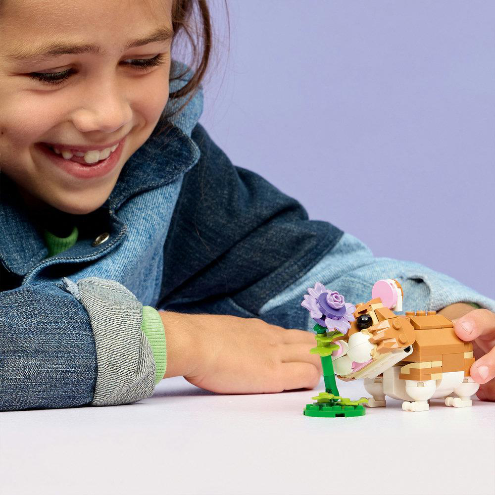 Ein Mädchen lächelt einen LEGO-Hamster an, der eine Blume hält. Der Hamster ist braun und weiß. Der Hintergrund ist lila.
