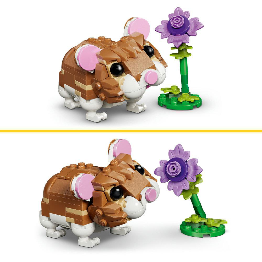 Eine Lego-Hamsterfigur mit braun-weißem Fell, rosa Ohren und einer lila Blume. Der Hamster steht neben der Blume.
