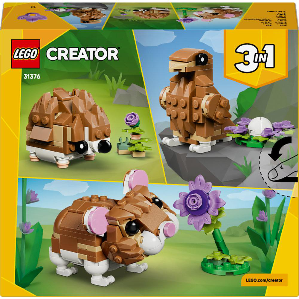 LEGO Creator 3-in-1 Set. Bilder zeigen einen Igel, eine Eule und einen Hamster, jeweils aus LEGO-Steinen gebaut, mit Blumen.