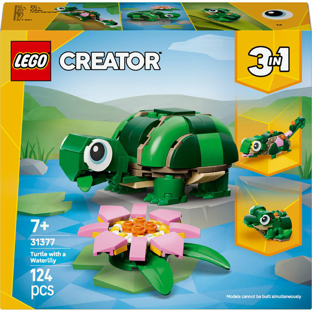 LEGO Creator Box: Grünes Schildkrötenmodell mit rosa Seerose, 3-in-1-Set. Weitere Modelle sind ein Frosch und ein Fisch.