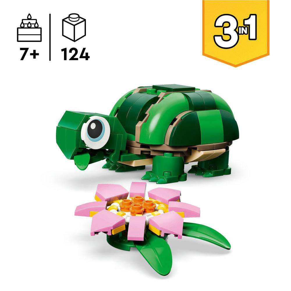 Ein Lego-Set mit einer grünen Schildkröte und einer Blume. Enthält Alters- und Teileanzahl. Ein gelbes Schild zeigt '3 in 1'.