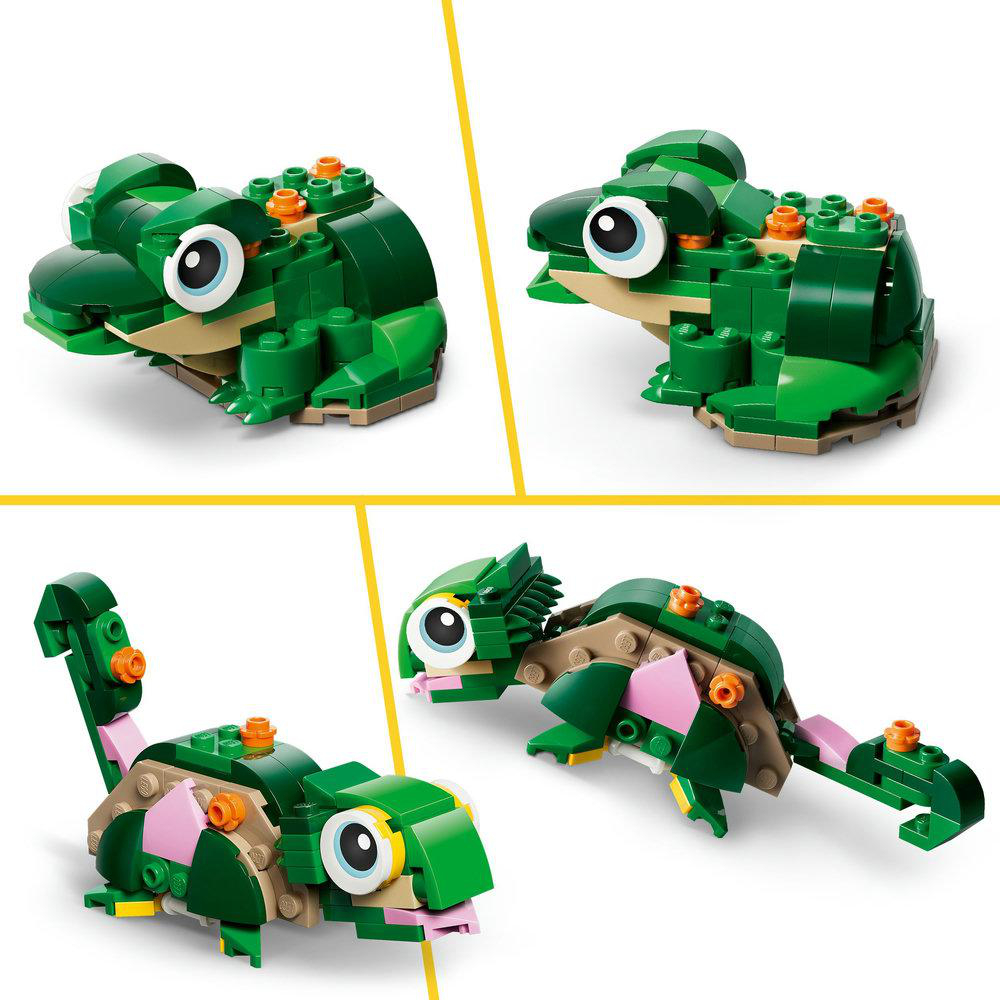 Vier LEGO-Modelle von grünen Fröschen und Eidechsen. Sie haben weiße Augen, orangefarbene Details und rosa oder hellbraune Teile auf weißem Hintergrund.