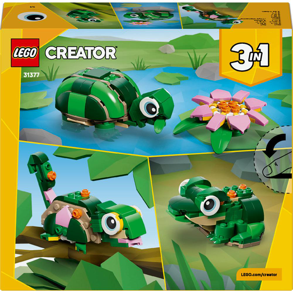 LEGO Creator Box. Enthält eine grüne Schildkröte, eine rosa und grüne Blume, eine Eidechse und einen Frosch, alle aus LEGO-Steinen gebaut.