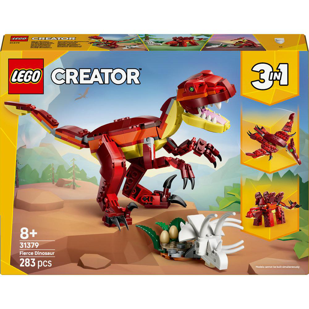 Lego Creator Box. Ein roter und gelber Dinosaurier ist das Hauptbild. Andere Modelle sind abgebildet. Für Kinder ab 8 Jahren.