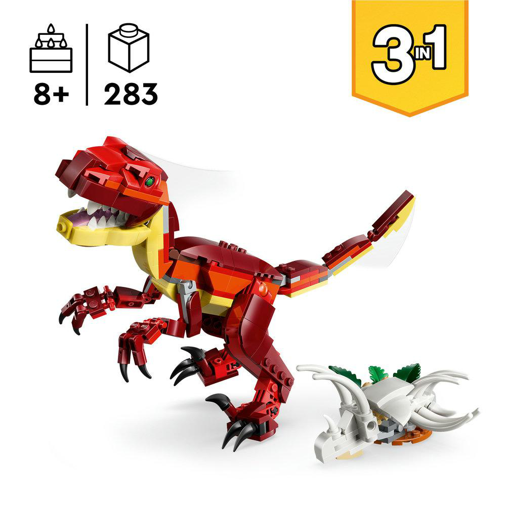 Ein Lego-Set mit einem roten und gelben Dinosaurier, einem kleinen weißen Dinosaurier und Zahlen. Das Set ist für Kinder ab 8 Jahren.