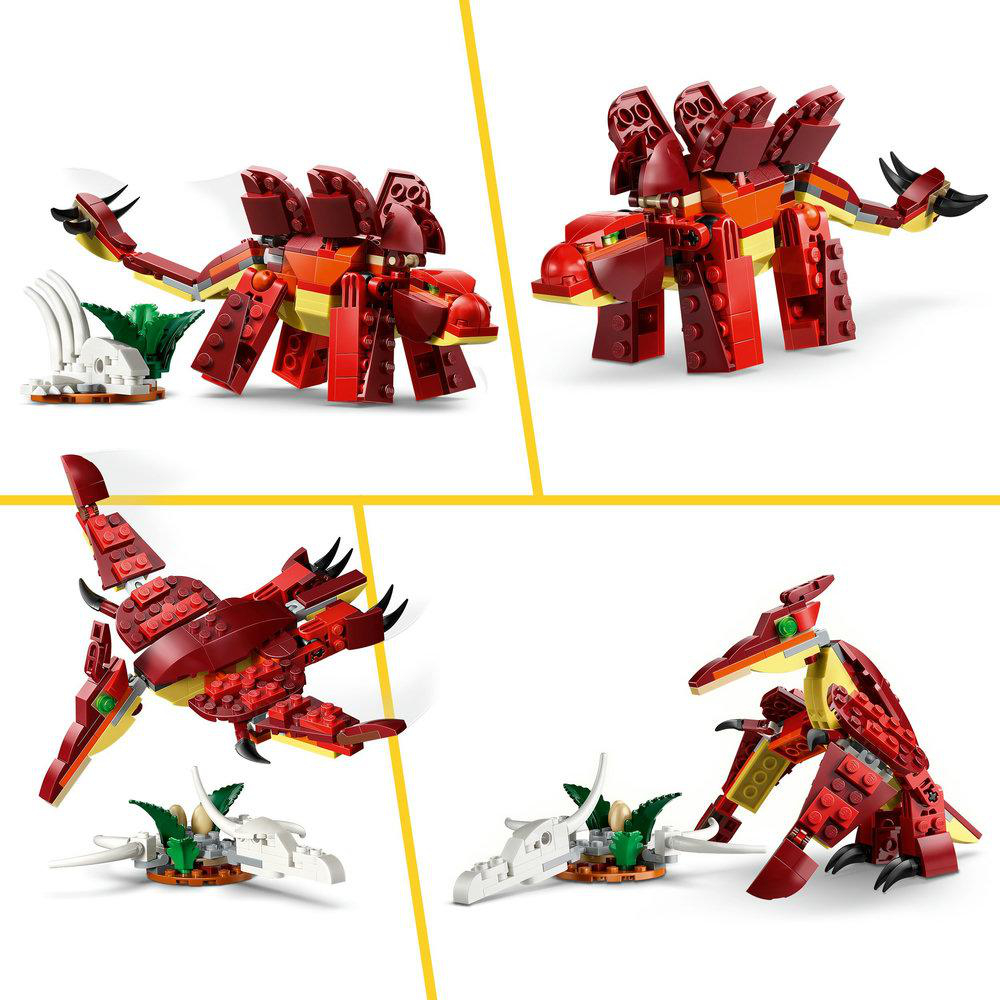 Vier Bilder von roten und braunen Lego-Dinosauriern. Jedes ist anders posiert. Im Vordergrund befinden sich weiße und grüne Lego-Pflanzen.