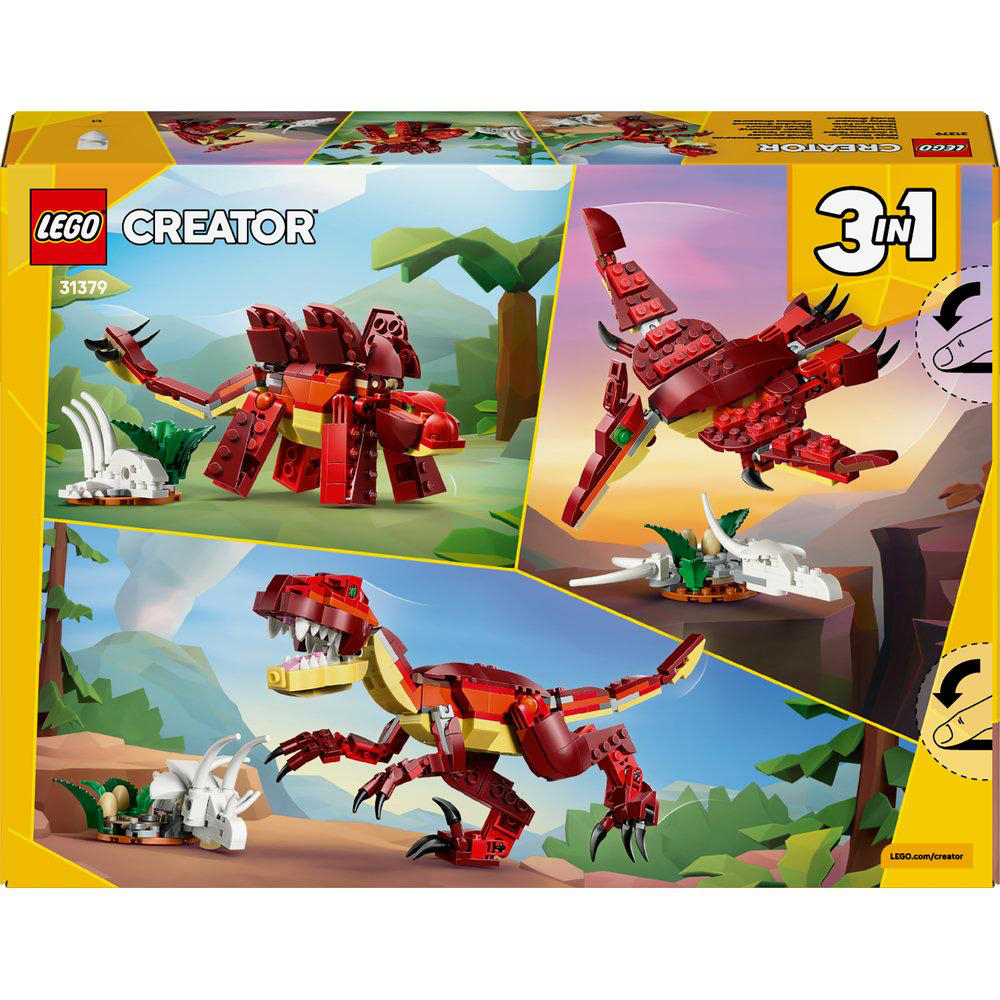 LEGO Creator 3-in-1 Set-Box. Enthält drei Dinosaurier-Bausätze: einen roten T-Rex, einen Pterodactylus und einen Triceratops.