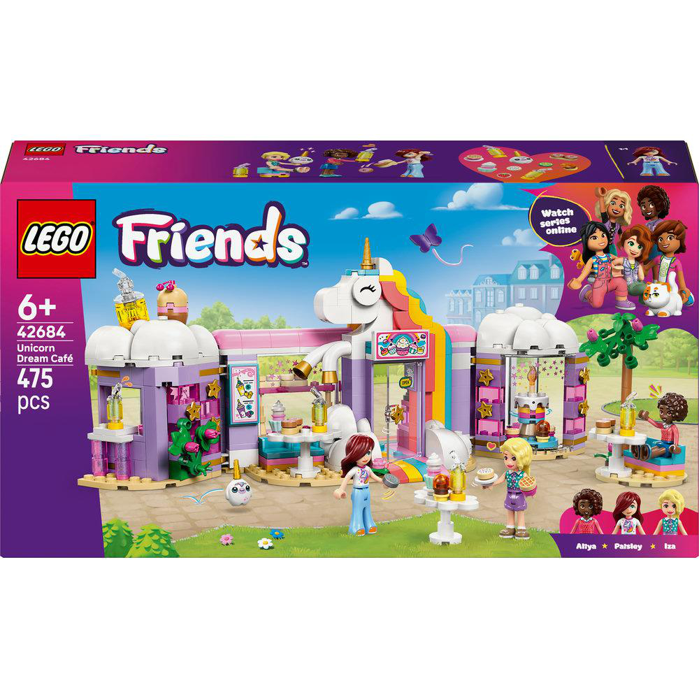 LEGO Friends Einhorn-Traumcafé-Set. Enthält Figuren und Café-Struktur mit Einhorn-Design, Zubehör und Box-Art.