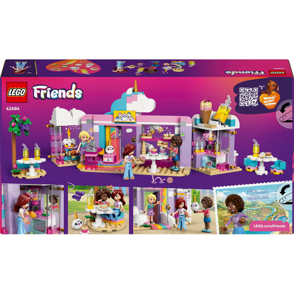 Lego Friends-Set-Box. Es zeigt ein Café mit mehreren Lego-Figuren. Die Box ist lila und rosa. Enthält eine Heartlake-Karte.