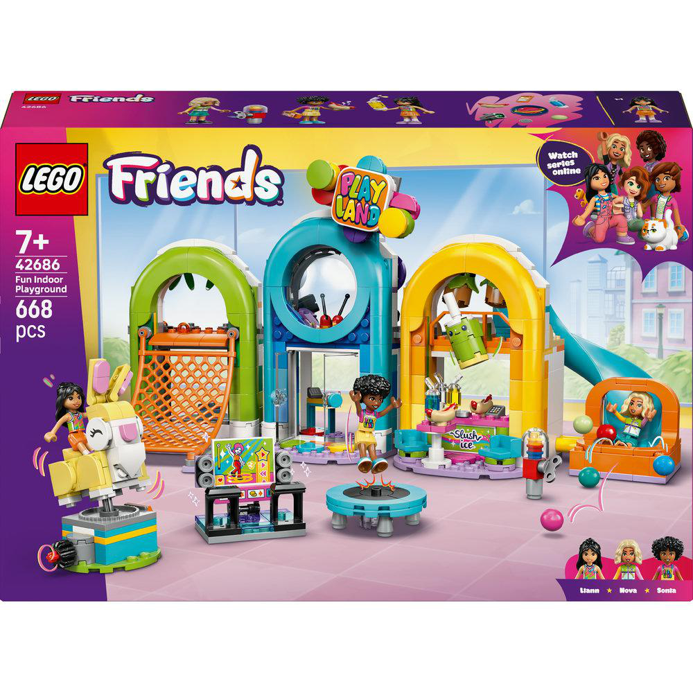 LEGO Friends Fun Indoor Playground Set. Enthält Figuren, Spielstrukturen und Zubehör. Hellfarbige Box mit Charakteren.
