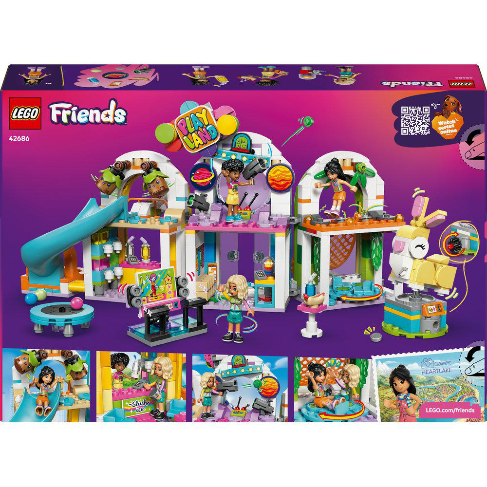 LEGO Friends Spielplatz Set. Enthält eine Rutsche, eine Bühne und verschiedene Spielbereiche mit Spielfiguren und bunten Blöcken. Die Box zeigt das Set.