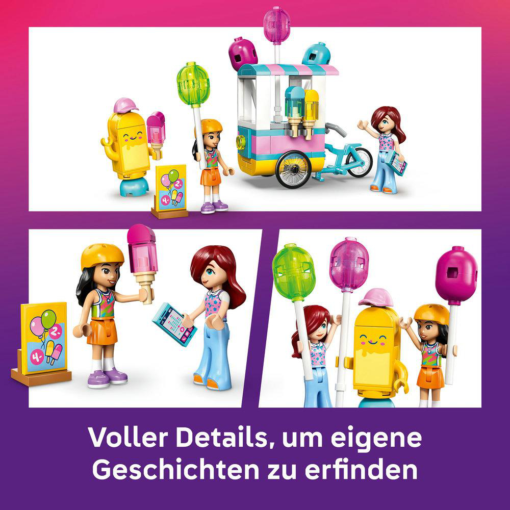 Lego-Set mit Figuren und Zubehör. Enthält einen Wagen, Luftballons, Eis und Charaktere in einer lebendigen Umgebung.