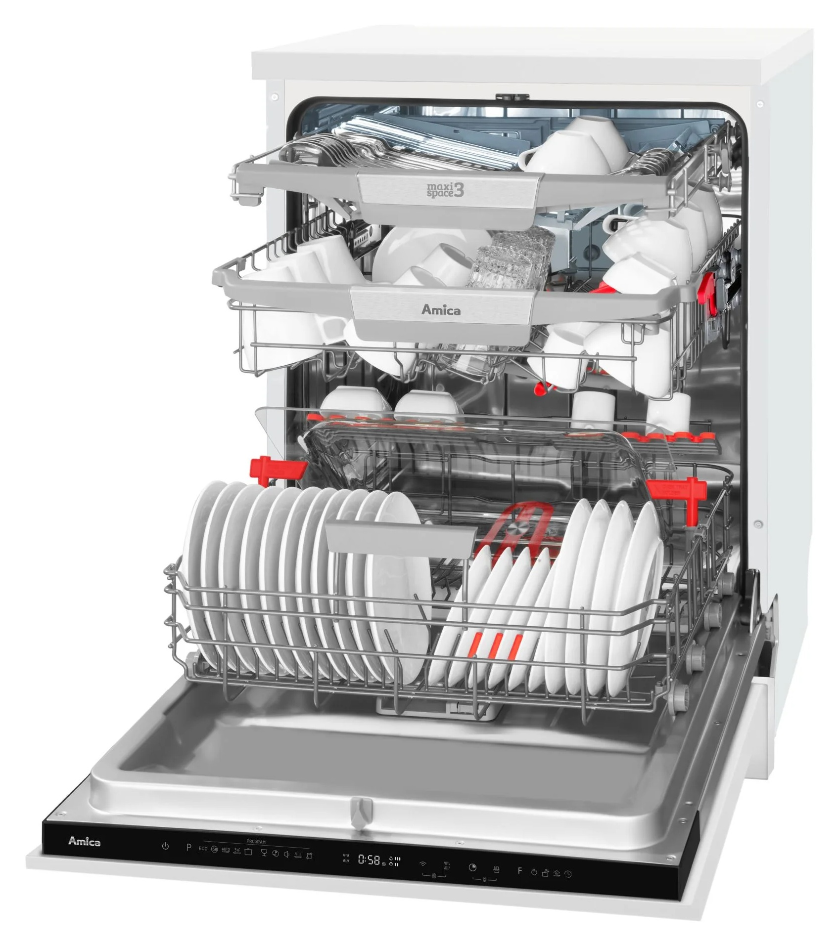 Otwarta zmywarka z naczyniami w środku. Białe talerze, kubki i sztućce są widoczne w koszach. Marka: Amica.