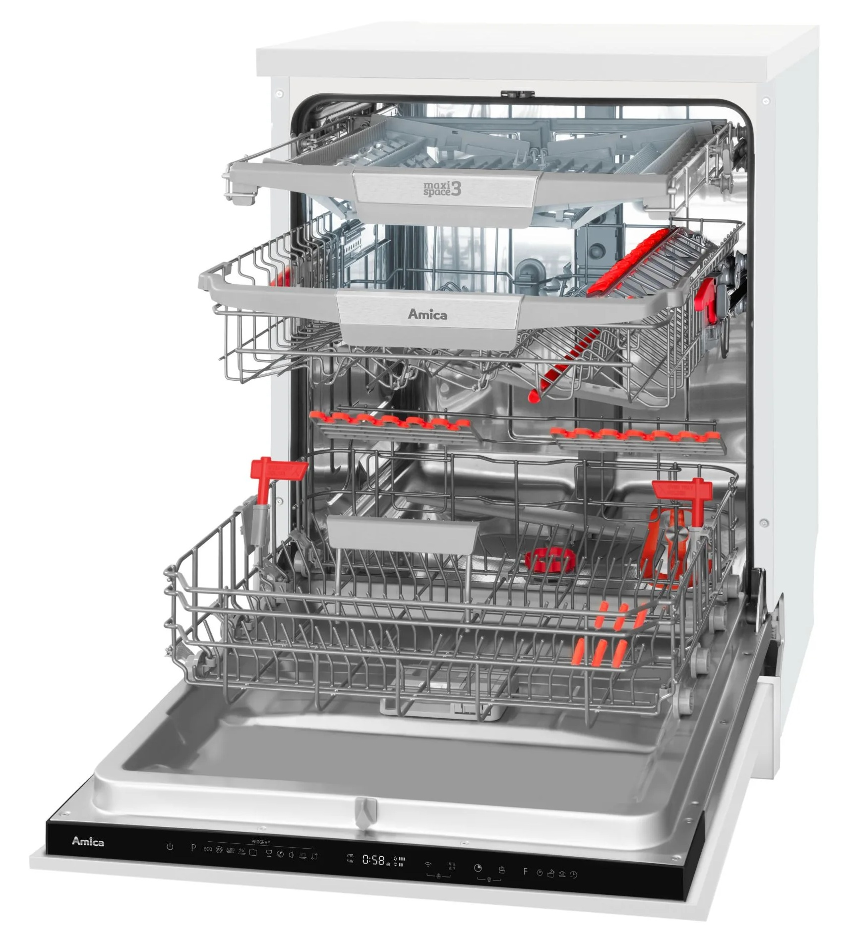 Otwarta biała zmywarka z koszami i czerwonymi akcentami. Posiada markę Amica i panel sterowania z wyświetlaczem.