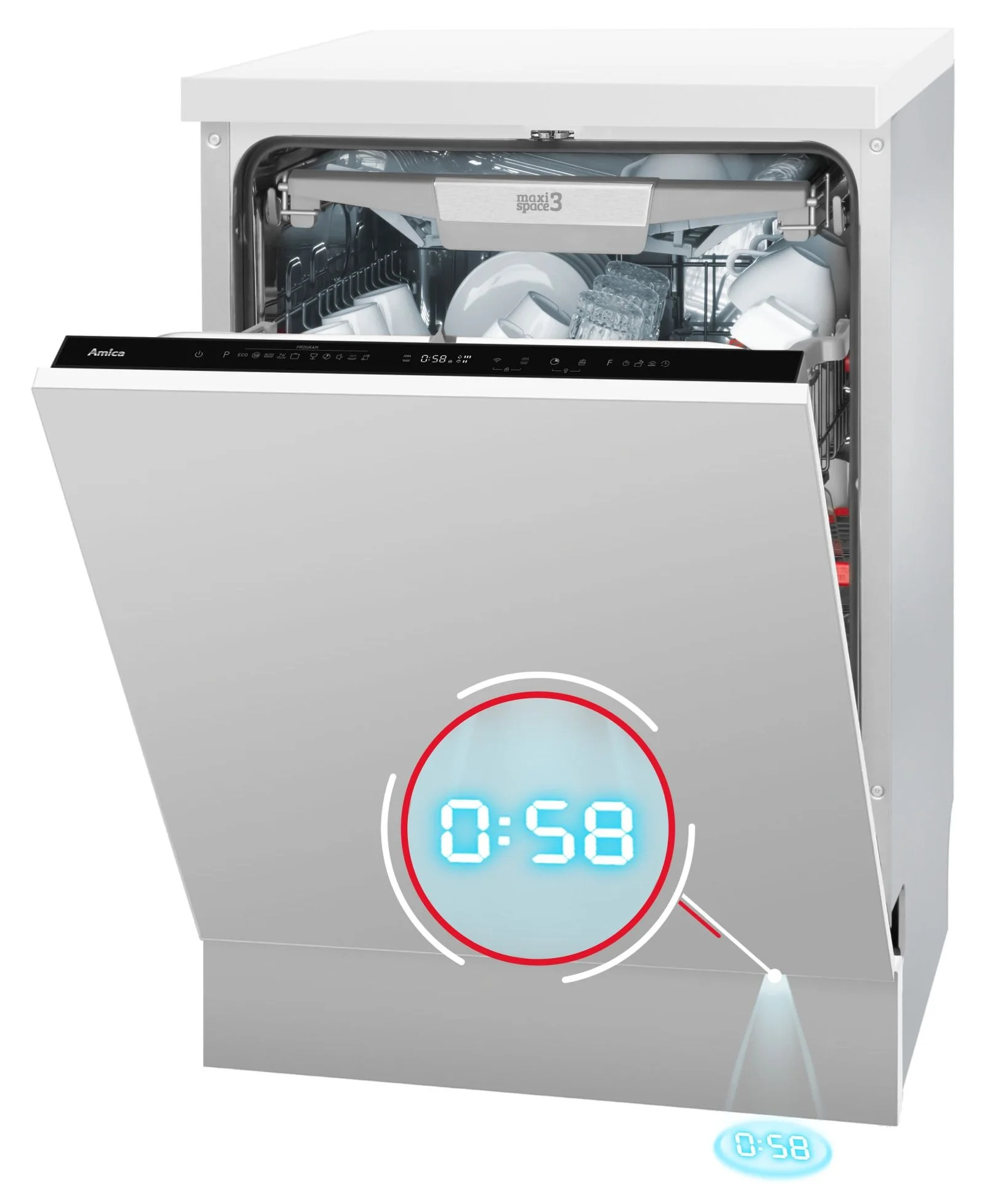 Biała zmywarka z otwartymi drzwiami, pokazująca naczynia. Wyświetlacz cyfrowy: 0:58. Marka Amica.