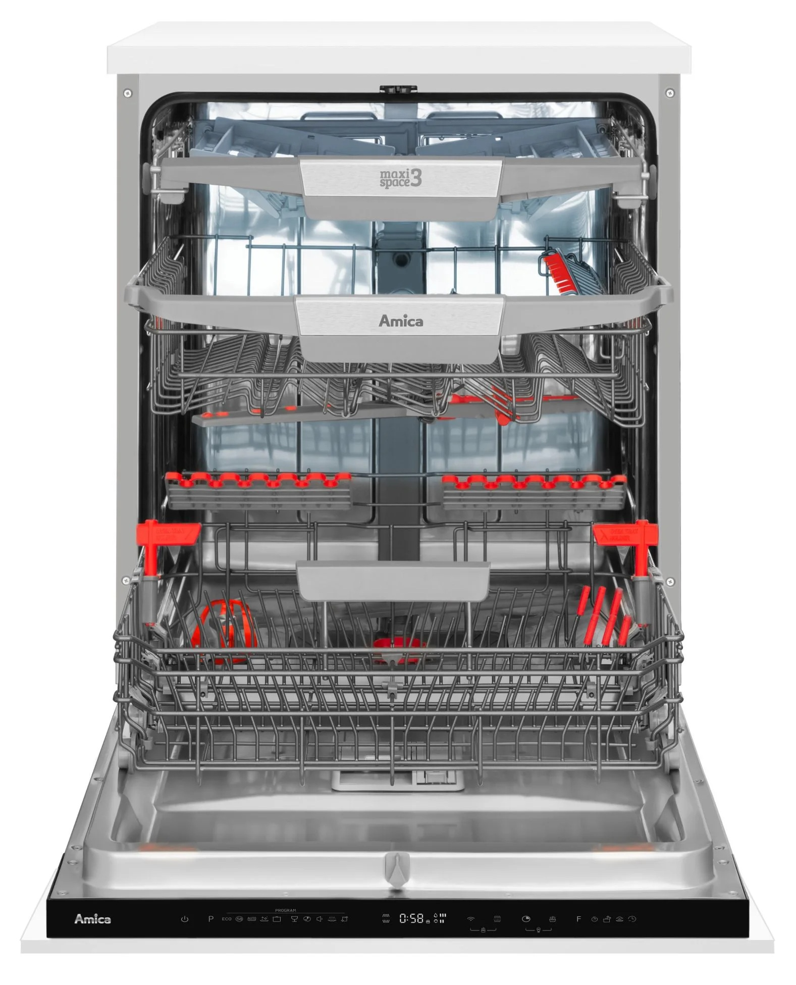 Otwarta zmywarka Amica. Posiada metalowe kosze, czerwone klipsy oraz panel sterowania z ikonami i timerem 0:58.