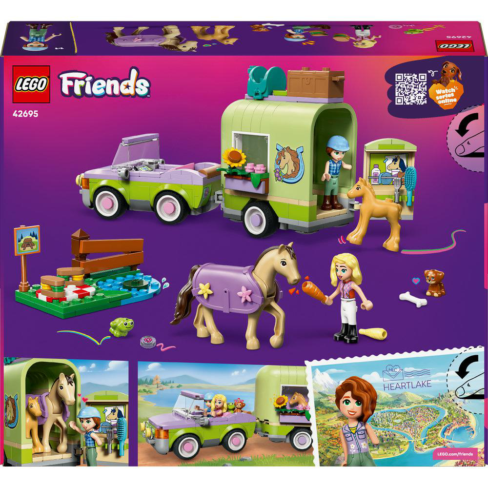 LEGO Friends Set 42695: Pferdetransporter mit Figuren, Pferden, Auto und Zubehör auf der Box. Helle Farben, spielerische Szene.