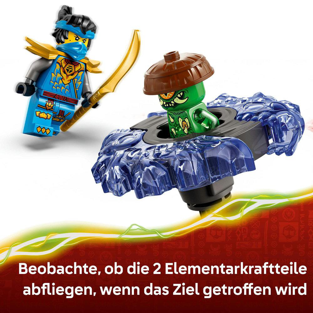 Ein Lego Ninjago-Set mit zwei Figuren und einem Kreisel. Eine Figur hält ein Schwert, die andere befindet sich im Kreisel.