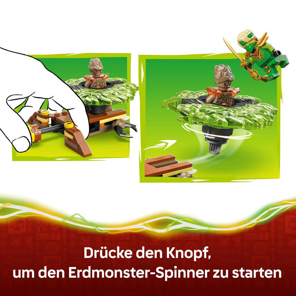 Das Bild zeigt Lego-Figuren und ein Spinner-Spielzeug. Der Text unten lautet: 'Drücke den Knopf, um den Erdmonster-Spinner zu starten'.
