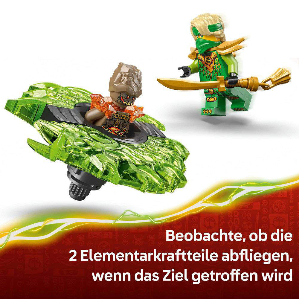 Zwei Lego-Figuren mit Waffen. Eine grüne Ninja-Figur hält ein Schwert. Eine zweite braune Figur auf einem grünen Fahrzeug.