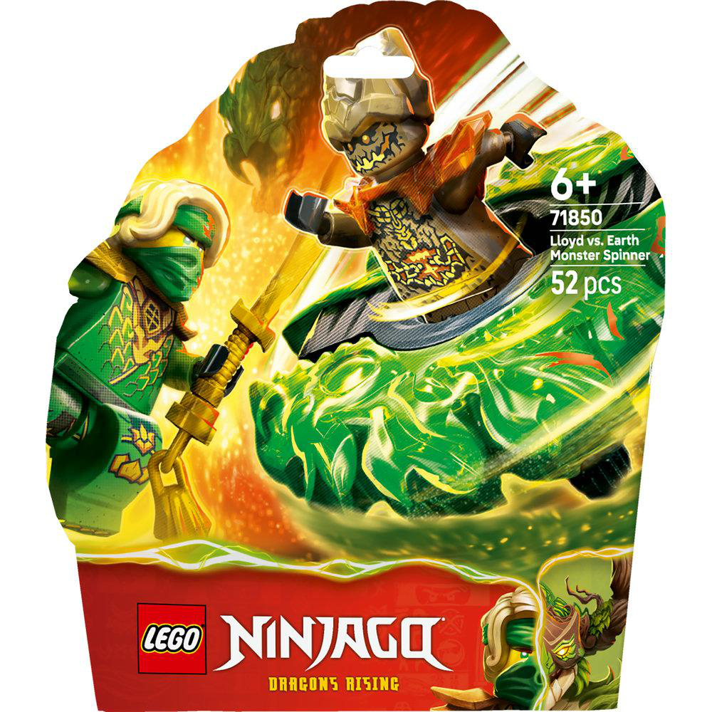 Lego Ninjago Box-Art. Zeigt zwei Figuren, den Text "6+", "71850", "Lloyd vs. Earth Monster Spinner" und "52 Teile".