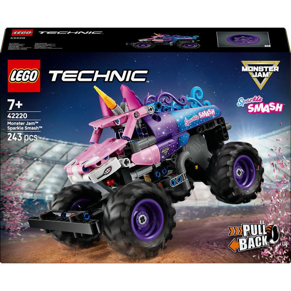 Ein Lego Technic Monster Jam Sparkle Smash Set. Die Box zeigt den zusammengebauten Monstertruck mit großen Rädern und einem rosa-lila Design.
