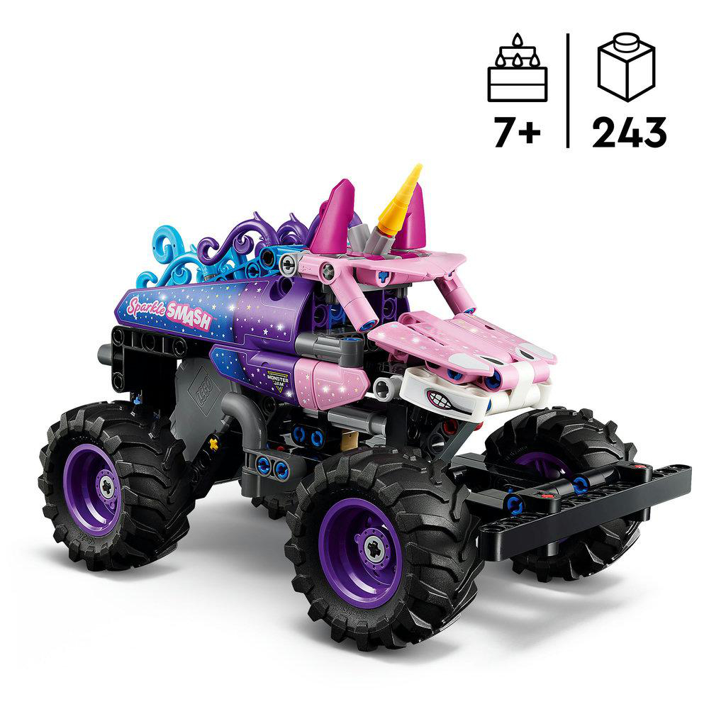Ein Lego-Monstertruck mit Einhorn-Thema. Es hat lila, rosa und blaue Farben. Das Set ist für Kinder ab 7 Jahren und hat 243 Teile.