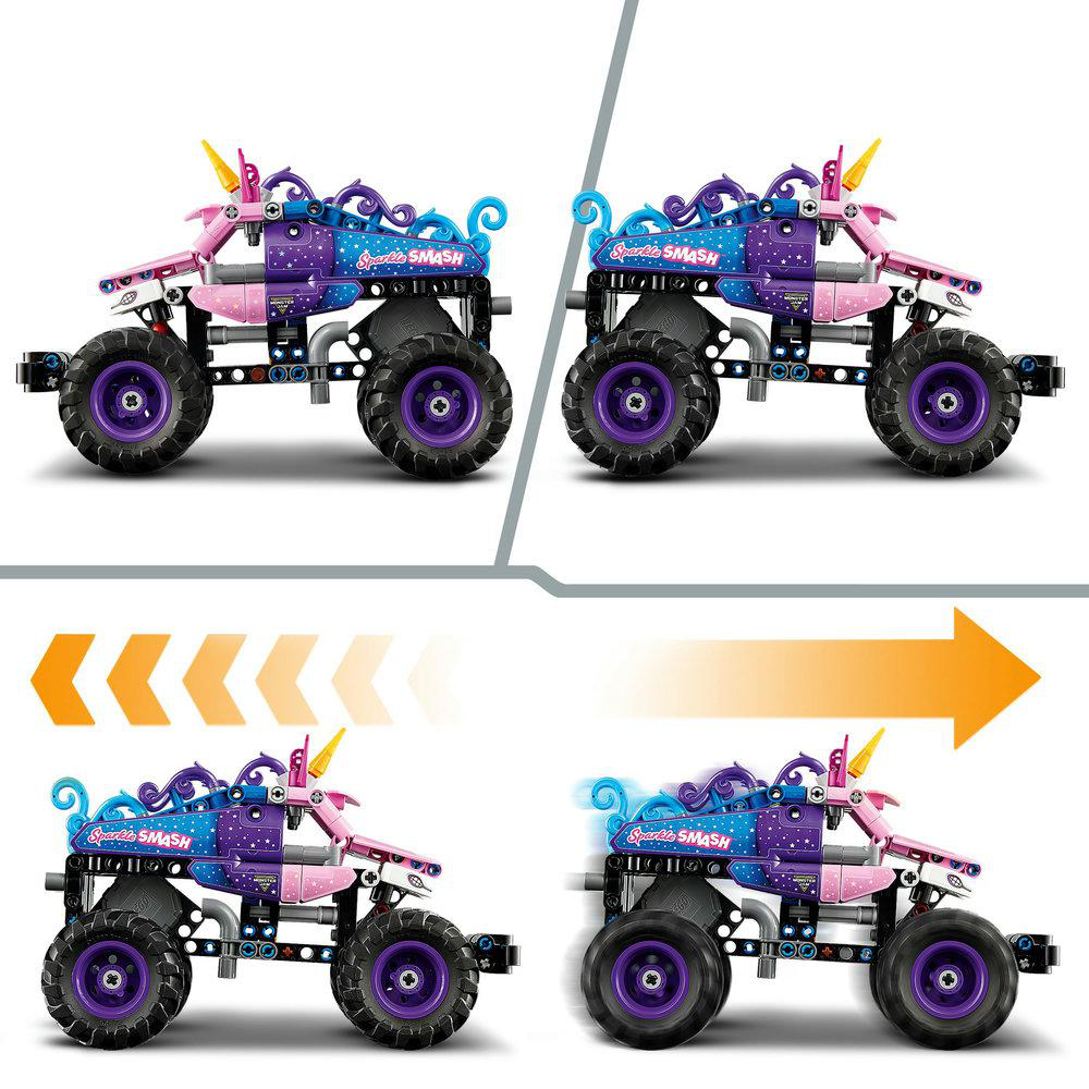 Vier Bilder eines Spielzeug-Monster-Trucks mit Einhorn-Design, lila Rädern und dem Text 'Sparkle Smash'.
