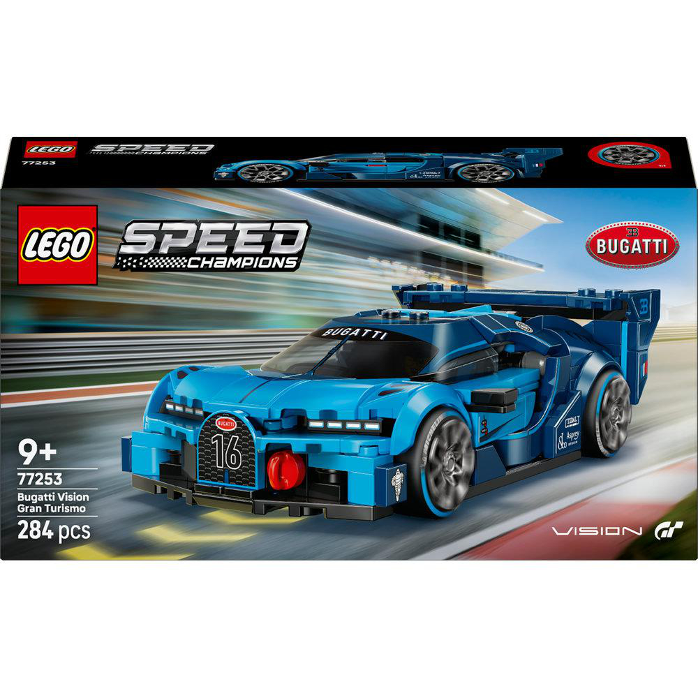 Eine Lego Speed Champions Bugatti Vision Gran Turismo Set-Box. Das blaue Rennauto ist auf einer Rennstrecke. Das Set hat 284 Teile.