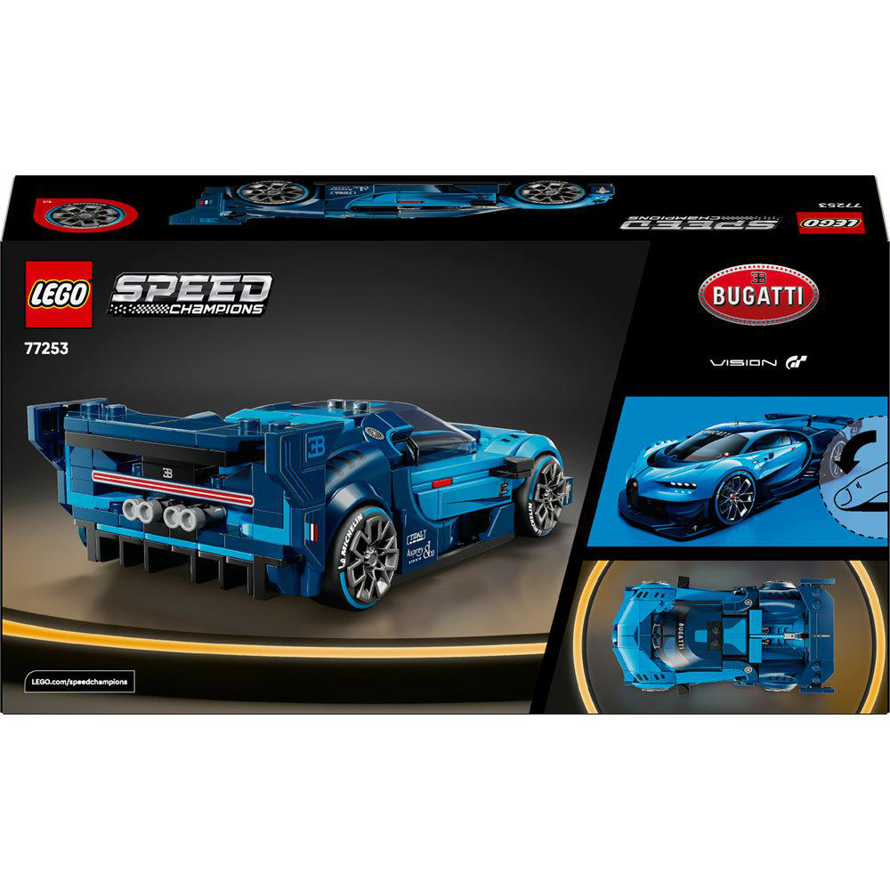 Eine Lego Speed Champions Set-Box. Das Set ist ein blauer Bugatti. Die Box zeigt das Modellauto aus verschiedenen Blickwinkeln.
