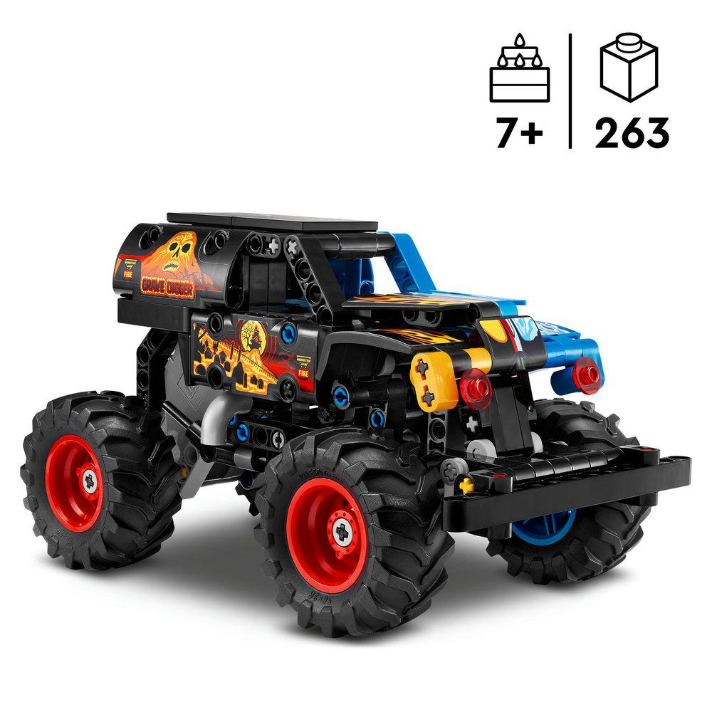 Ein schwarzes und blaues Grave Digger Monster Truck Spielzeug mit großen Rädern. Mit Totenkopf-Logo und Alter 7+ und 263 Teilen.