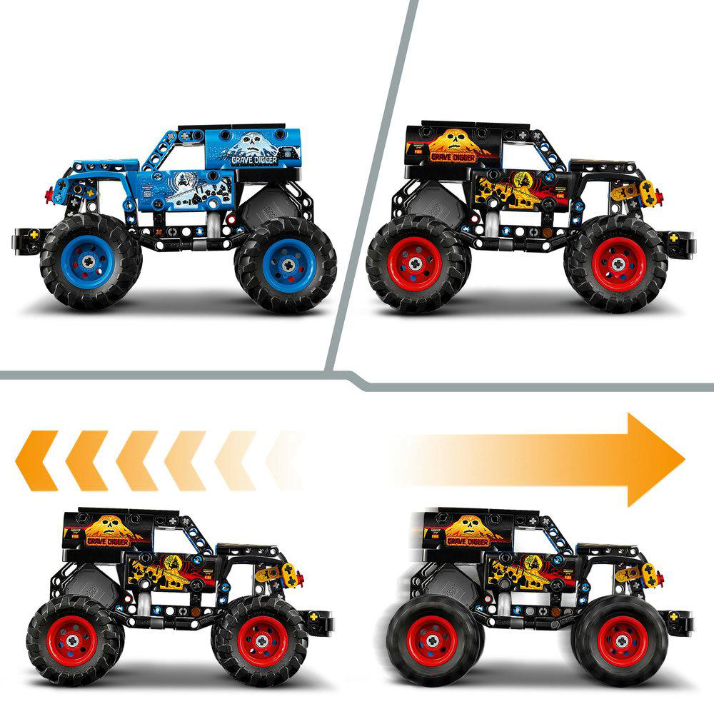 Vier Bilder von Spielzeug-Monstertrucks. Die Trucks sind schwarz und blau, mit großen Rädern. Pfeile weisen auf Bewegung und Schritte hin.