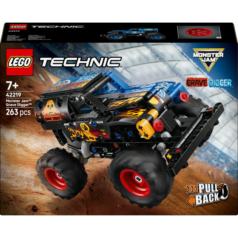 Eine Lego Technic Grave Digger Monstertruck-Box. Die Box zeigt den Truck mit großen Rädern, einem blauen Körper und dem Monster Jam Logo.