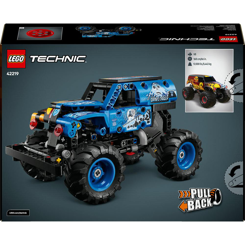 Ein Lego Technic Grave Digger Monstertruck-Set. Der blaue Truck hat große Räder, mit einem kleineren Bild eines anderen Trucks auf der Seite.