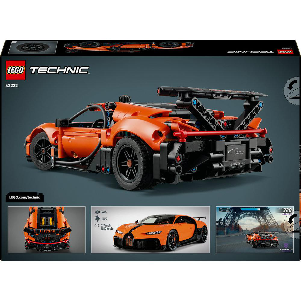 Ein orangefarbenes Lego Technic Bugatti Chiron-Auto. Die Box zeigt das Auto und zusätzliche Bilder.