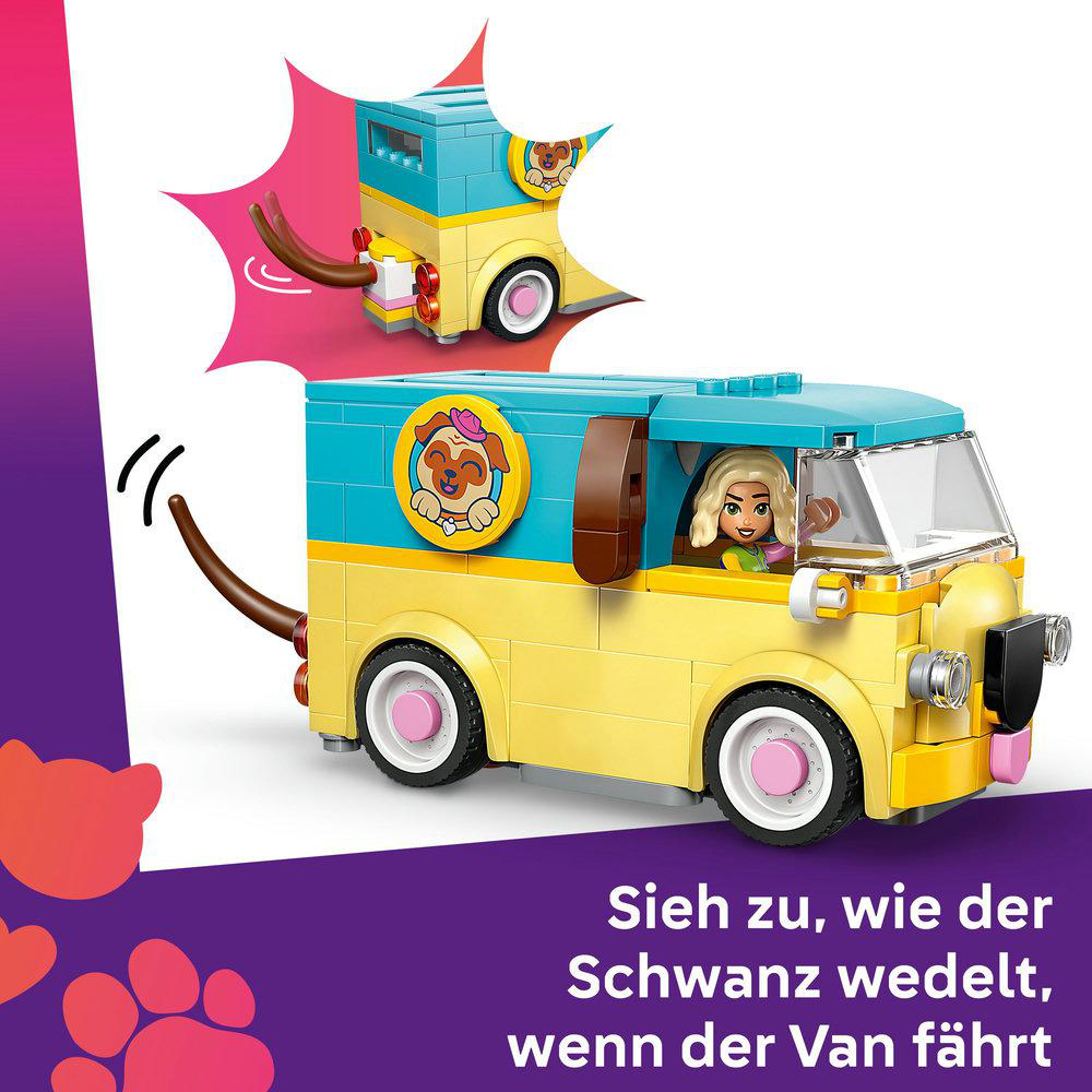 Ein gelb-blauer Van-Spielzeug mit einem fahrenden Mädchen und einem Hundelogo. Ein Schwanz wedelt hinten am Van. Deutscher Text ist sichtbar.