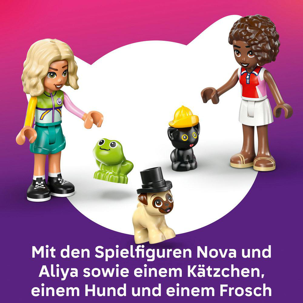 Zwei Figuren von Mädchen, ein grüner Frosch, eine schwarze Katze mit gelbem Hut, ein Hund mit schwarzem Hut. Text: Nova, Aliya, Katze, Hund, Frosch.
