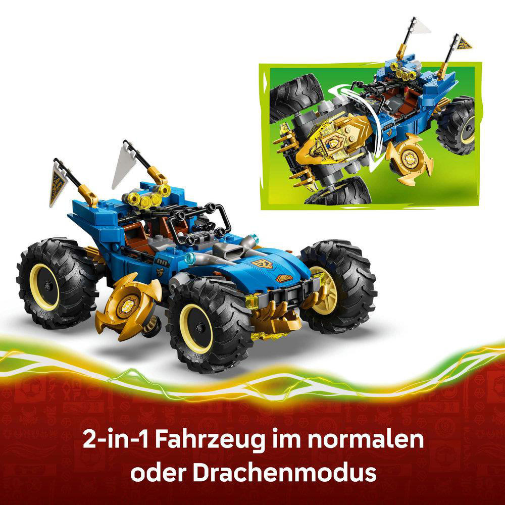 Blau-goldenes Spielzeugfahrzeug in zwei Modi, normal und Drache. Hat große Räder und Flaggen. Auf weißem und rotem Hintergrund dargestellt.