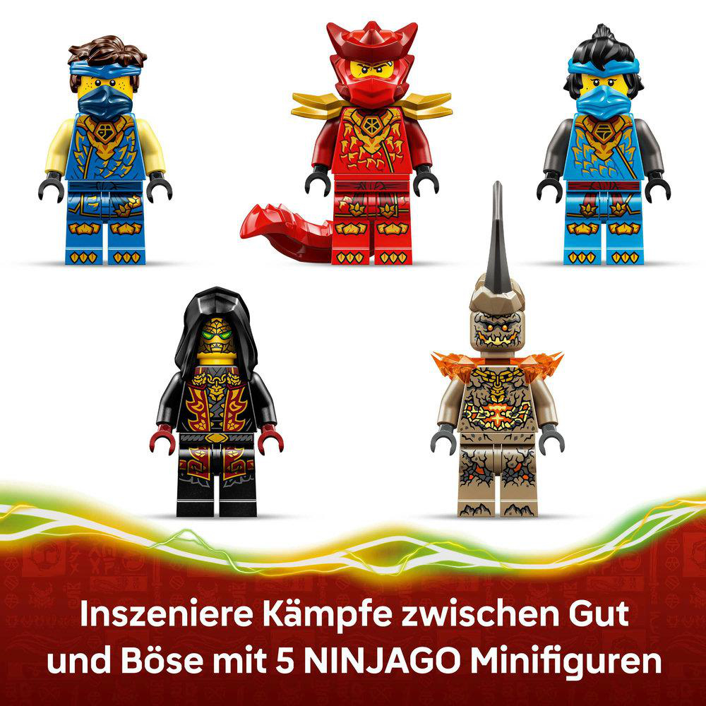 Fünf LEGO Ninjago-Minifiguren: rote, blaue und schwarze Figuren mit verschiedenen Accessoires und Masken. Text unten.
