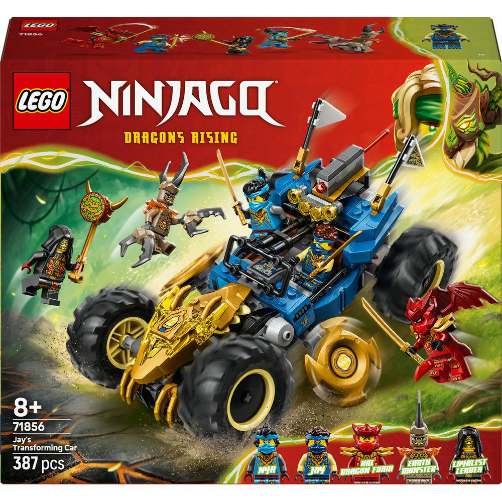 Lego Ninjago Set mit blauem Transformationsauto, Minifiguren und verschiedenen Charakteren auf rotem Hintergrund.