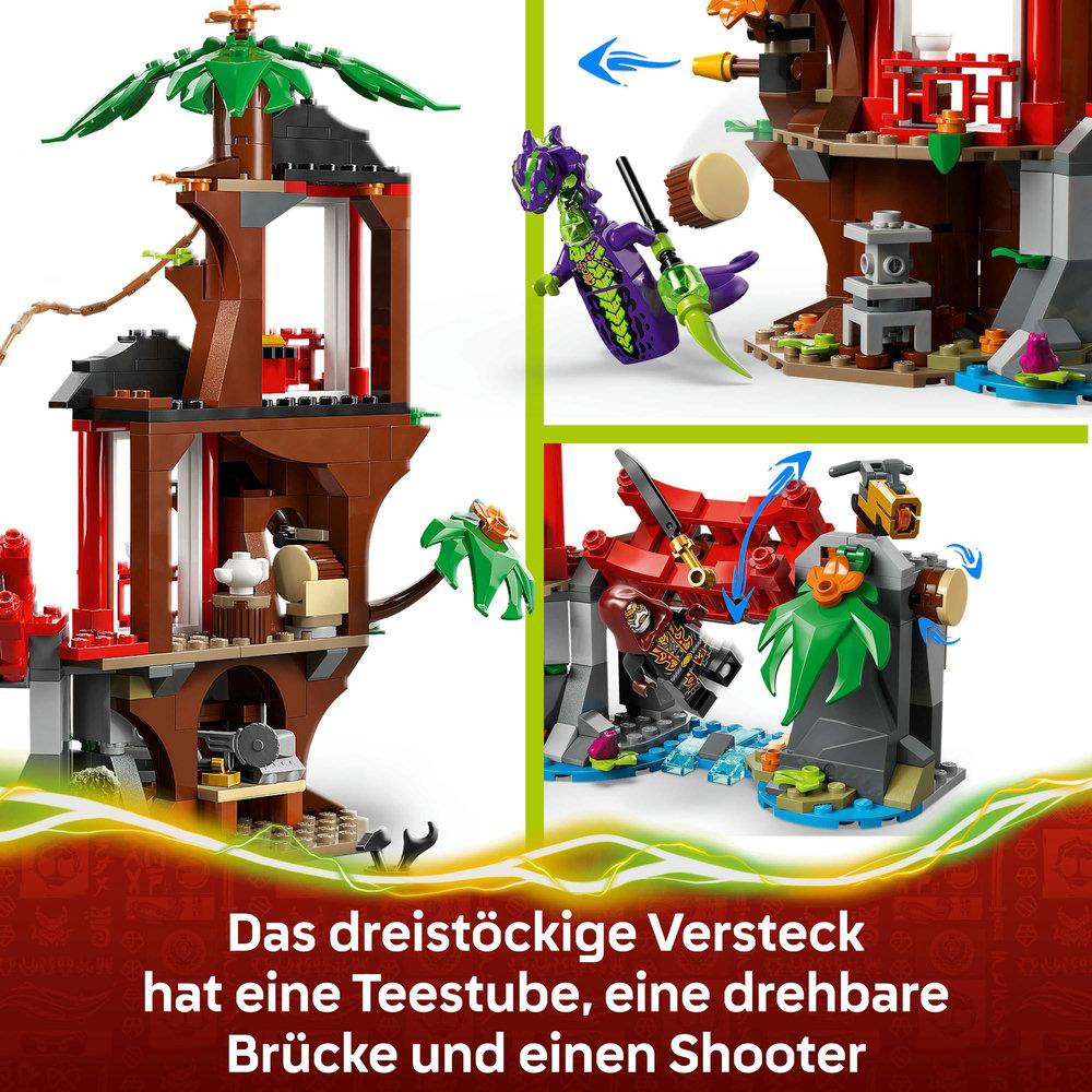 Ein mehrstöckiges Lego-Set mit Teehaus, Drehbrücke und Shooter. Enthält verschiedene Figuren und detaillierte Gebäudestrukturen.
