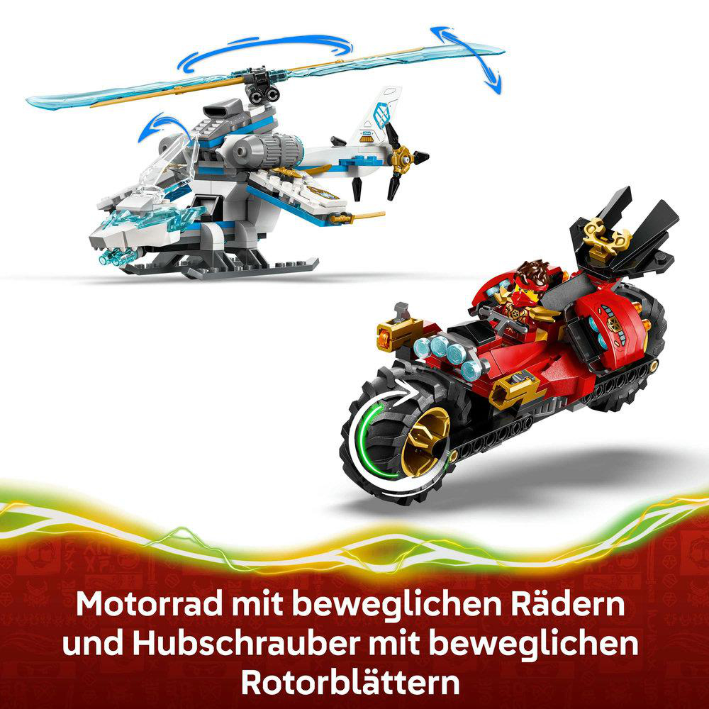 Ein Spielzeug-Hubschrauber und ein rotes Motorrad werden gezeigt. Der Hubschrauber ist weiß und blau. Das Motorrad ist rot und schwarz.
